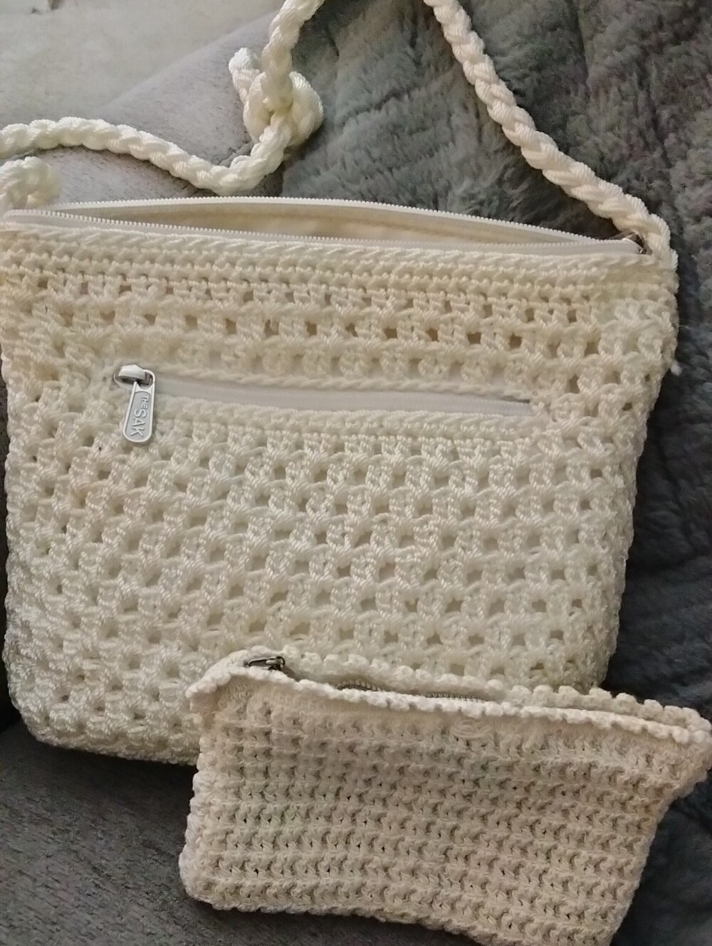 Handmade Cream Crochet Crossbody Bag with Matching Pouch